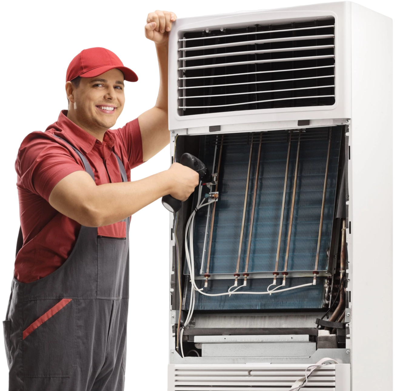 Technician repairing an air conditioning unit.