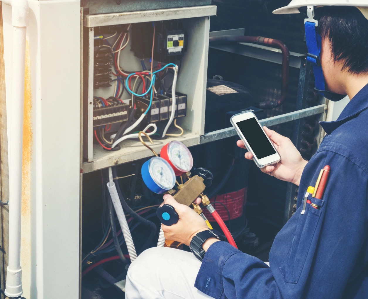 Technician checking air conditioning unit with phone.