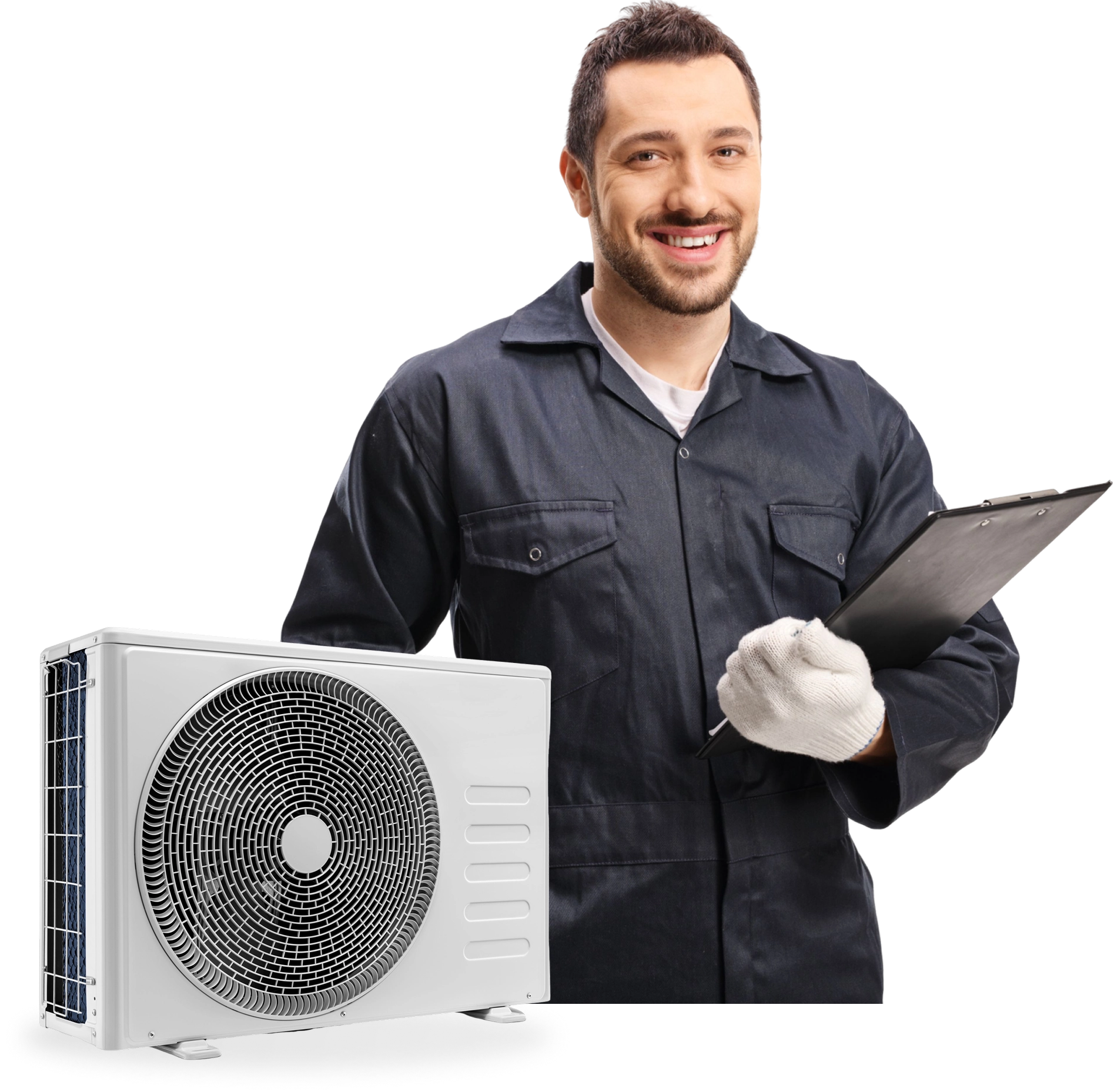 Technician with clipboard beside air conditioning unit.